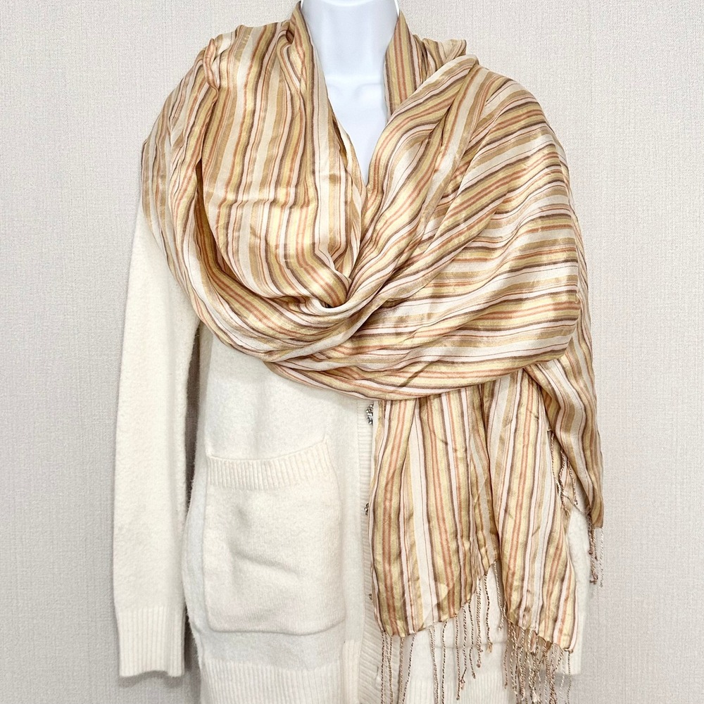 100% Silk Cream Beige Striped Fringe Oversized Scarf Shaw Wrap 80x28